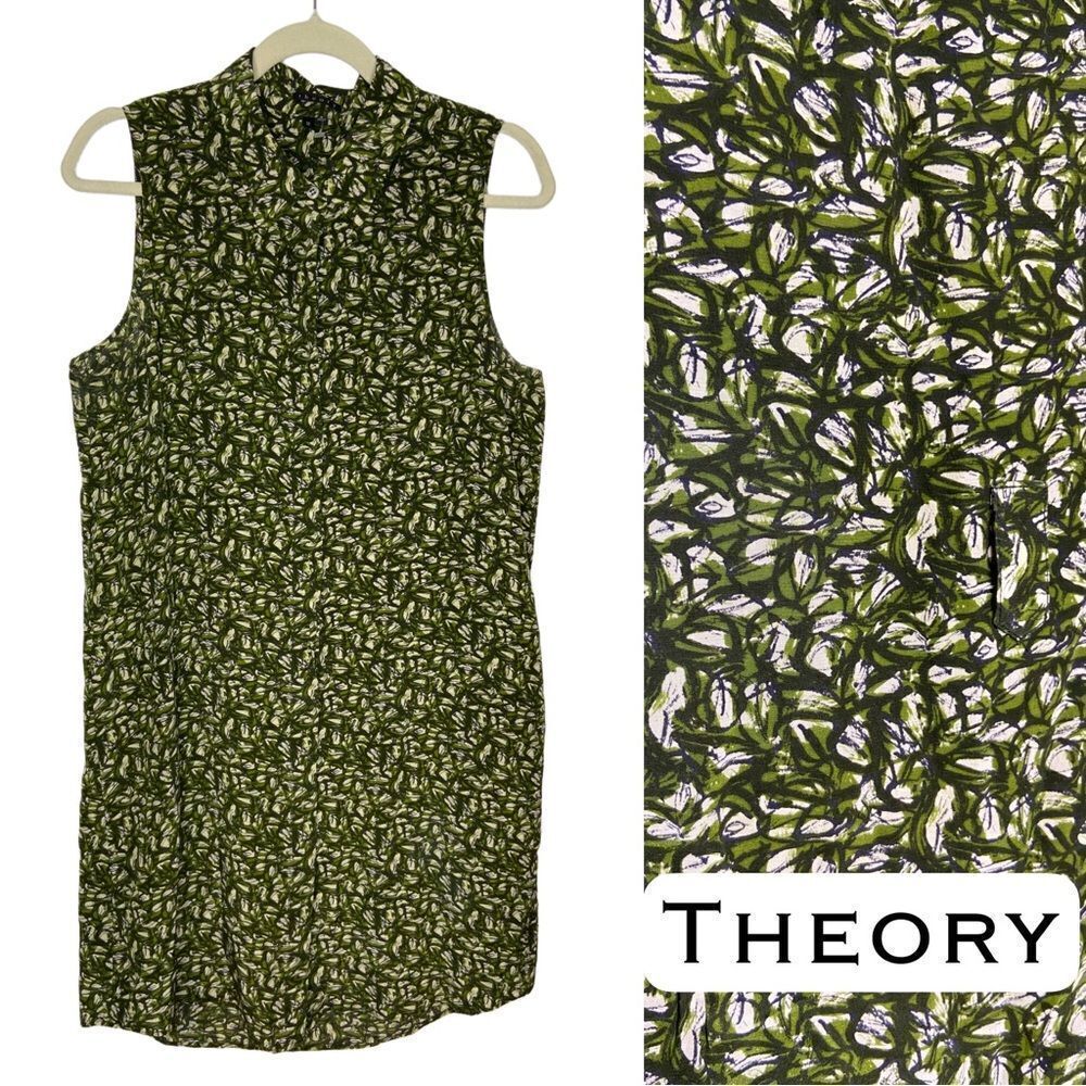 NWOT Theory Walvan 100% Silk Button Down Multi Green & White Sleeveless Dress